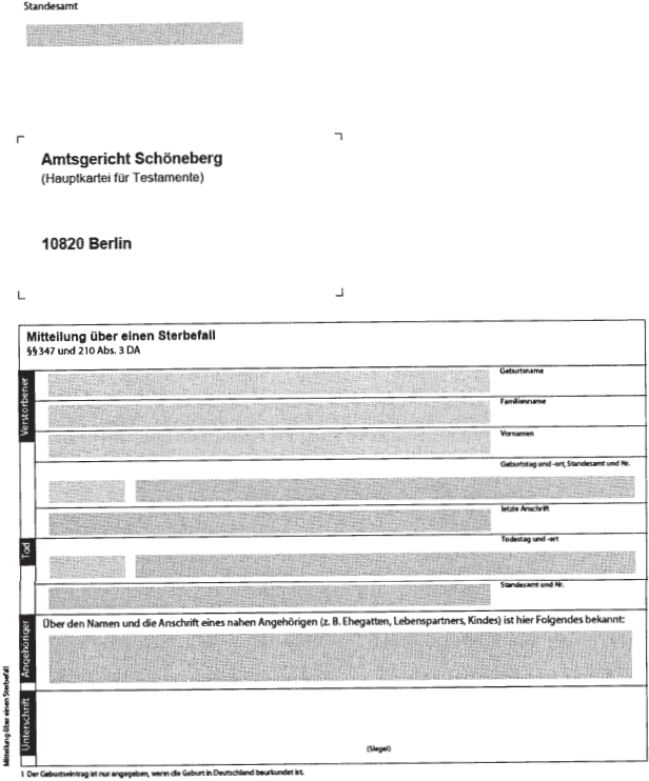 Grafik: Amtegericht Schöneberg: Mitteilung über einen Sterbefall